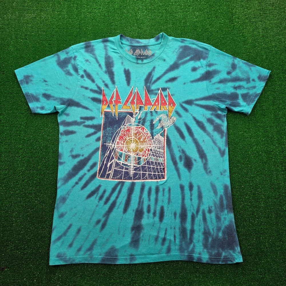 Def Leppard Pyromania Spiral Tie-Dye Graphic Tshirt Mens Large Teal Rock Band